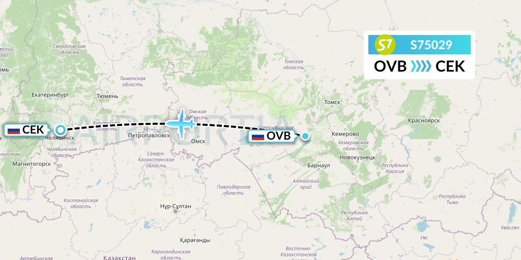 S75029 S7 Airlines Flight Map: Novosibirsk to Chelyabinsk