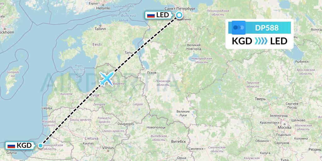 DP588 Pobeda Flight Map: Kaliningrad to St. Petersburg