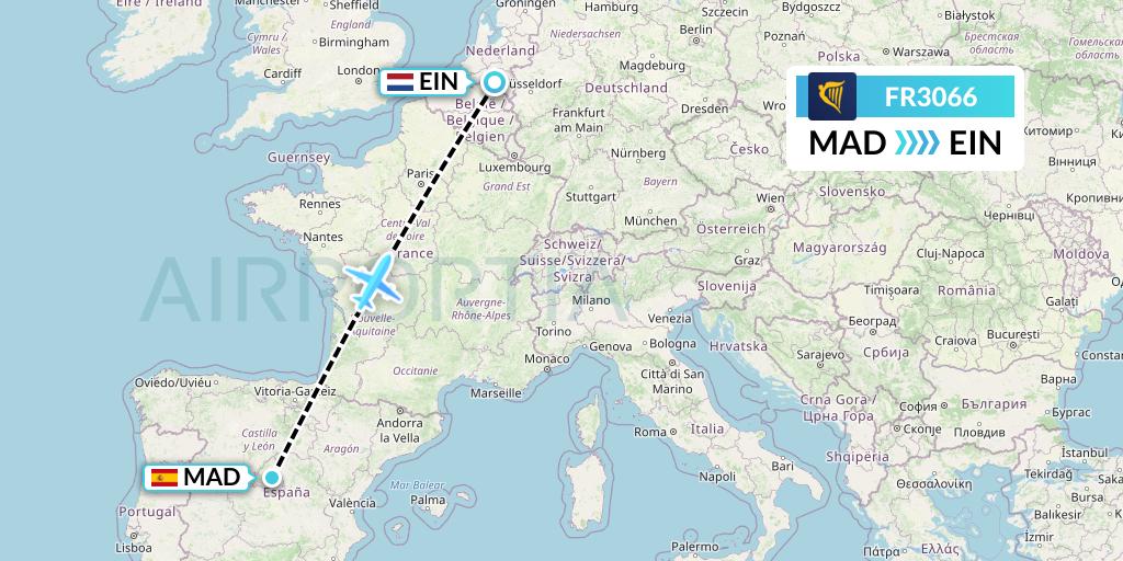 FR3066 Ryanair Flight Map: Madrid to Eindhoven