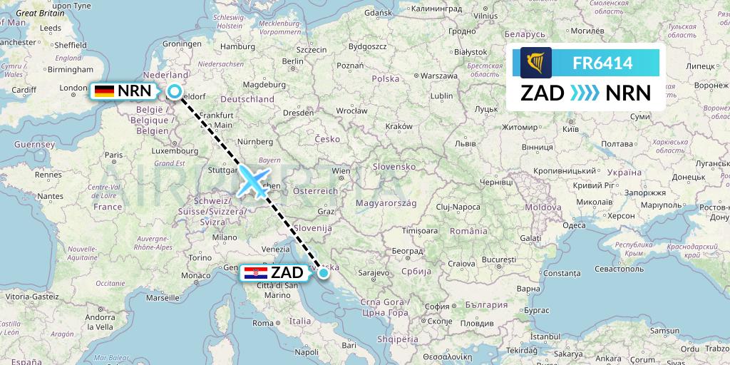 FR6414 Ryanair Flight Map: Zadar to Weeze