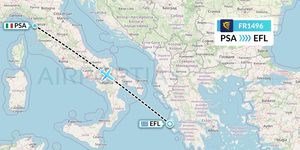 FR1496 Ryanair Flight Map: Pisa to Kefalonia