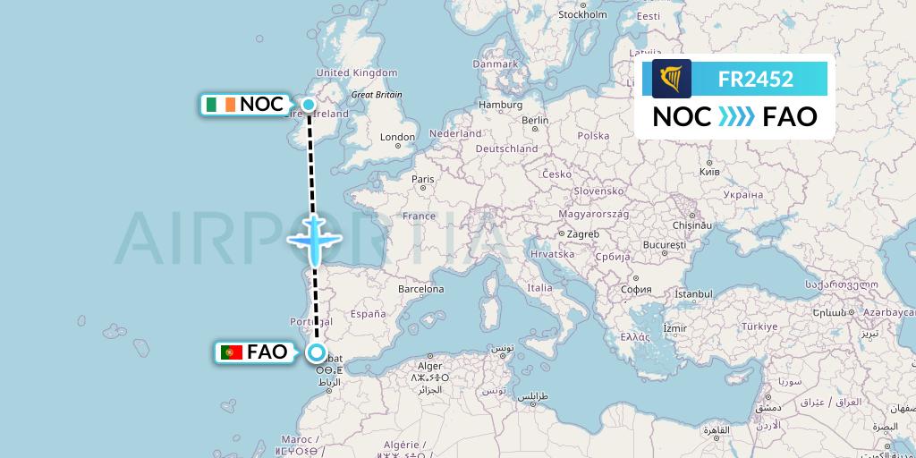 FR2452 Ryanair Flight Map: Knock to Faro