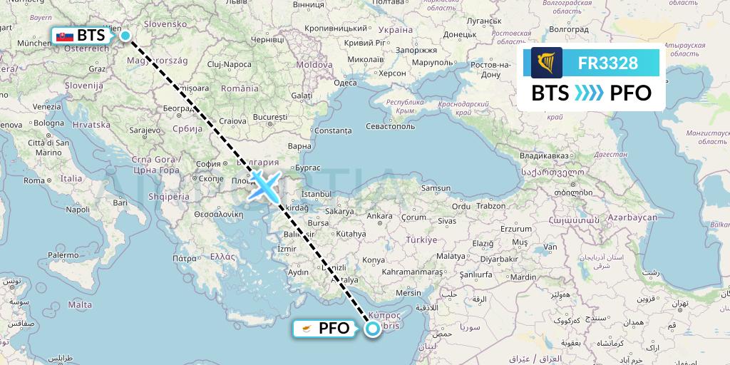 FR3328 Ryanair Flight Map: Bratislava to Pafos