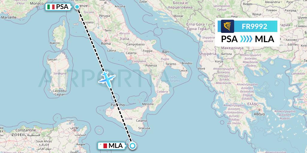 FR9992 Ryanair Flight Map: Pisa to Malta