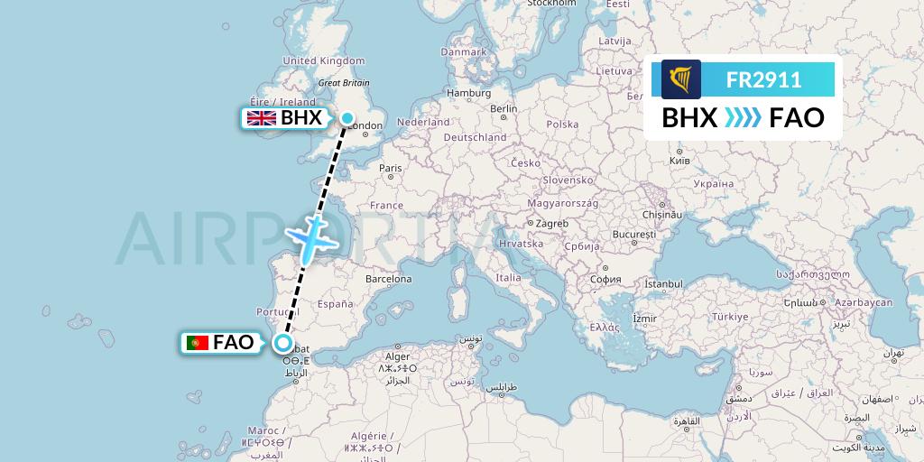 FR2911 Ryanair Flight Map: Birmingham to Faro