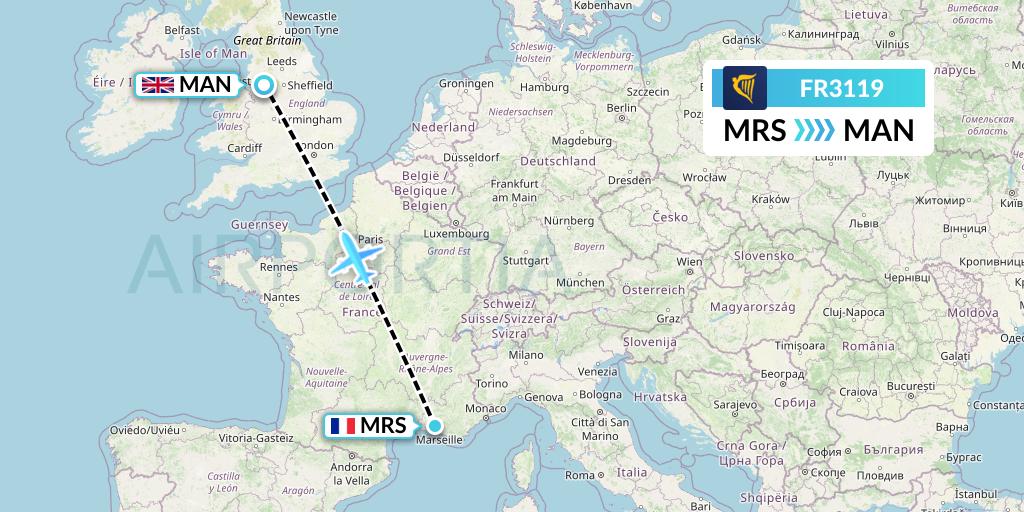 FR3119 Ryanair Flight Map: Marseille to Manchester