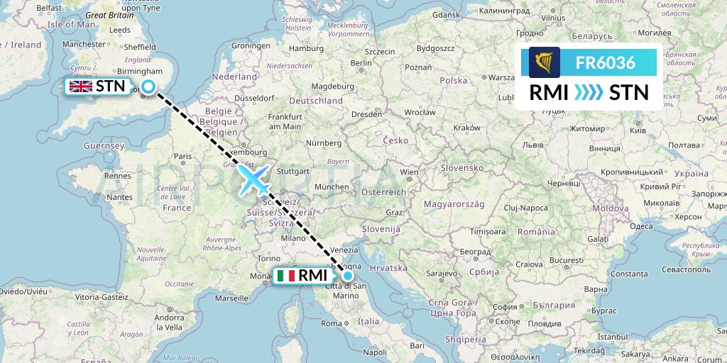 FR6036 Ryanair Flight Map: Rimini to London