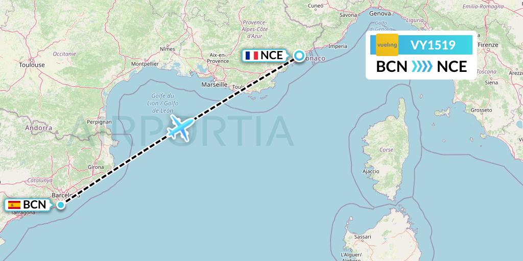 VY1519 Vueling Flight Map: Barcelona to Nice