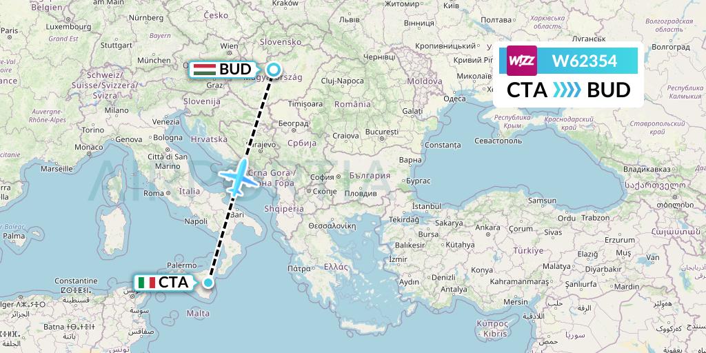 W62354 Wizz Air Flight Map: Catania to Budapest