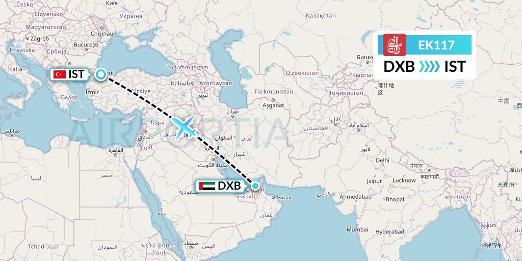 EK117 Emirates Flight Map: Dubai to Istanbul