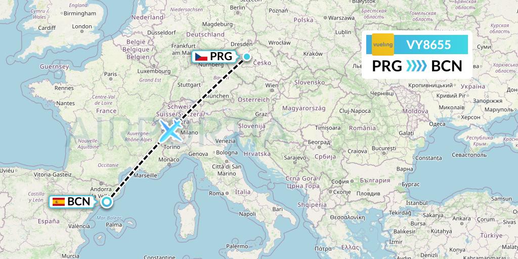 VY8655 Vueling Flight Map: Prague to Barcelona