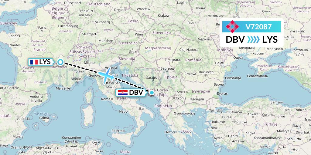 V72087 Volotea Flight Map: Dubrovnik to Lyon