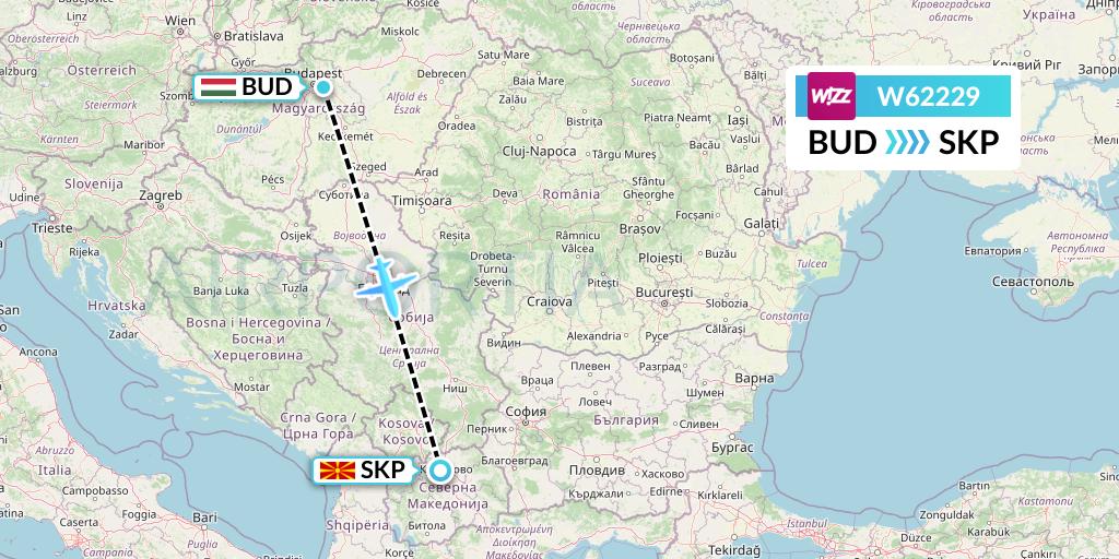 W62229 Wizz Air Flight Map: Budapest to Skopje