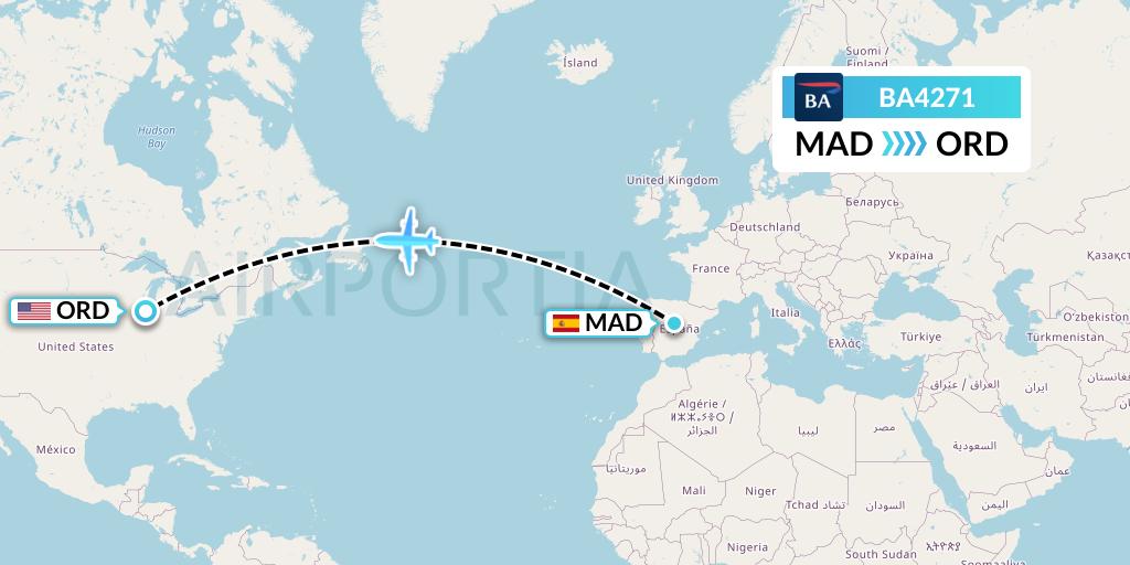 BA4271 British Airways Flight Map: Madrid to Chicago