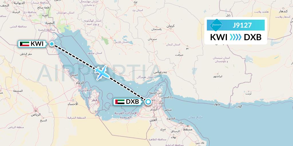 J9127 Jazeera Airways Flight Map: Kuwait City to Dubai