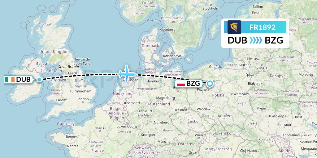 FR1892 Ryanair Flight Map: Dublin to Bydgoszcz