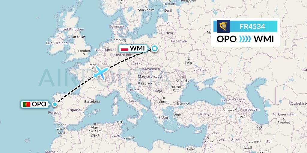 FR4534 Ryanair Flight Map: Porto to Warsaw