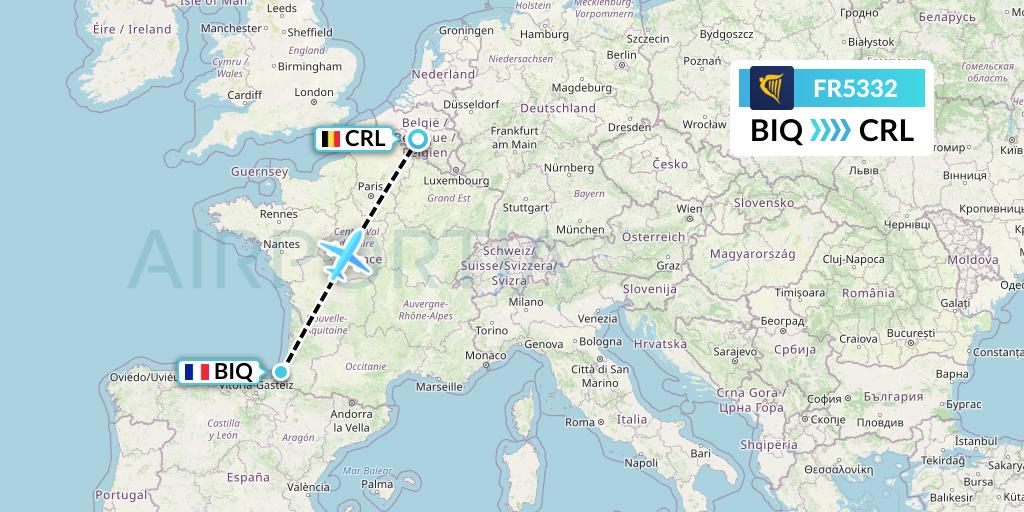FR5332 Ryanair Flight Map: Biarritz to Brussels