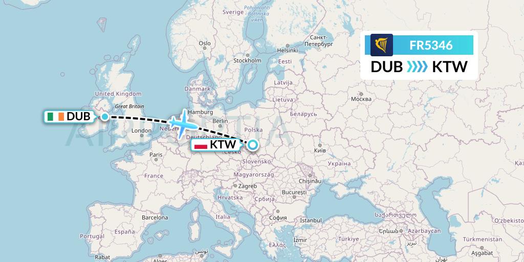 FR5346 Ryanair Flight Map: Dublin to Katowice