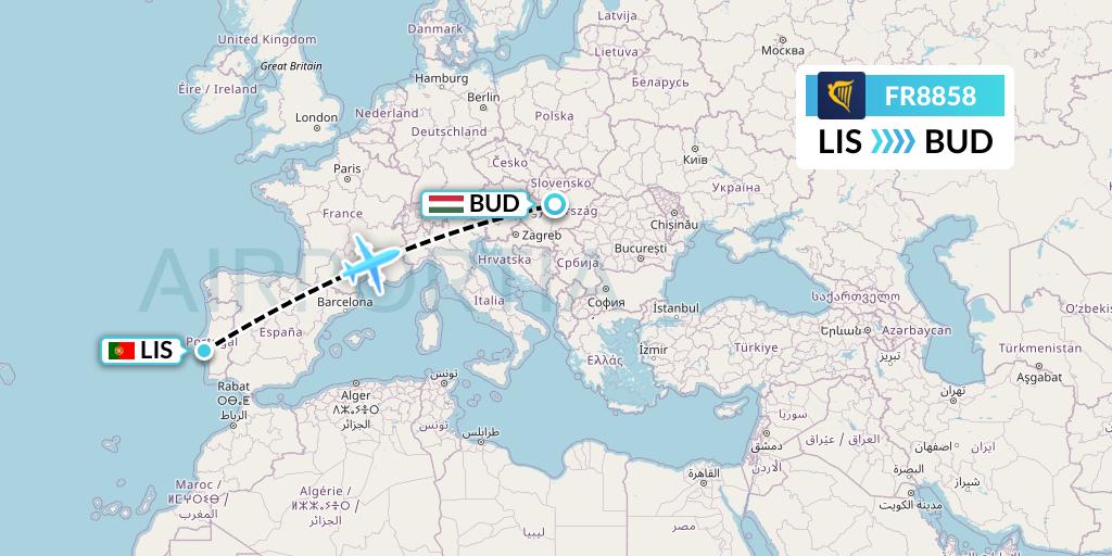 FR8858 Ryanair Flight Map: Lisbon to Budapest