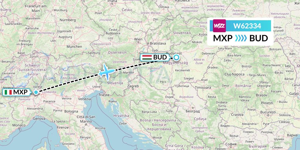 W62334 Wizz Air Flight Map: Milan to Budapest