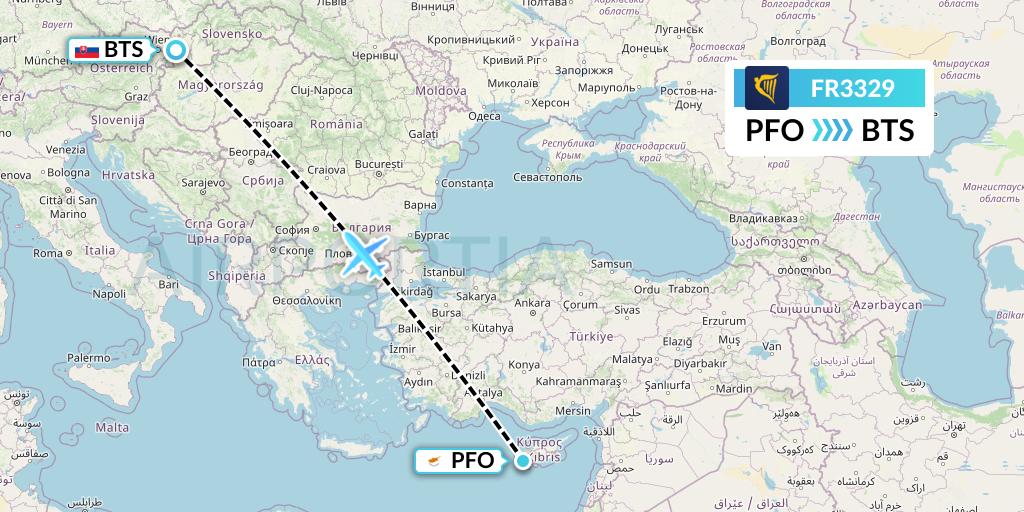 FR3329 Ryanair Flight Map: Pafos to Bratislava