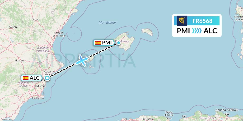 FR6568 Ryanair Flight Map: Palma de Mallorca to Alicante