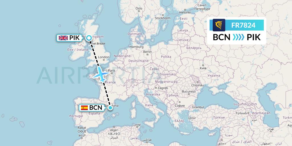 FR7824 Ryanair Flight Map: Barcelona to Prestwick