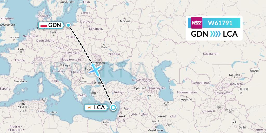 W61791 Wizz Air Flight Map: Gdansk to Larnaca
