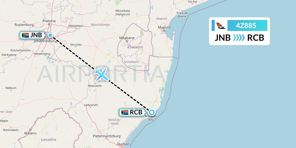 4Z885 Airlink Flight Map: Johannesburg to Richards Bay