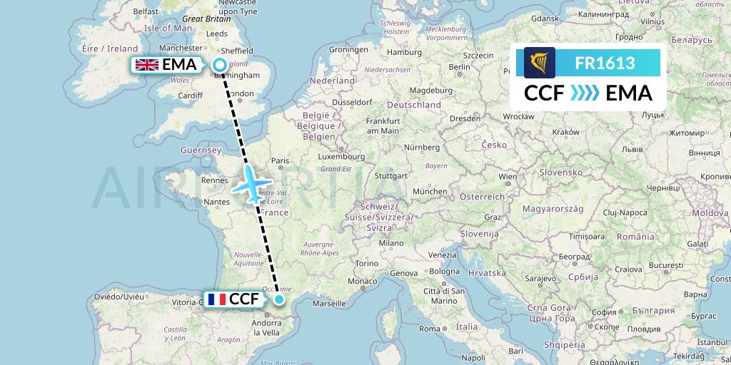 FR1613 Ryanair Flight Map: Carcassonne to East Midlands