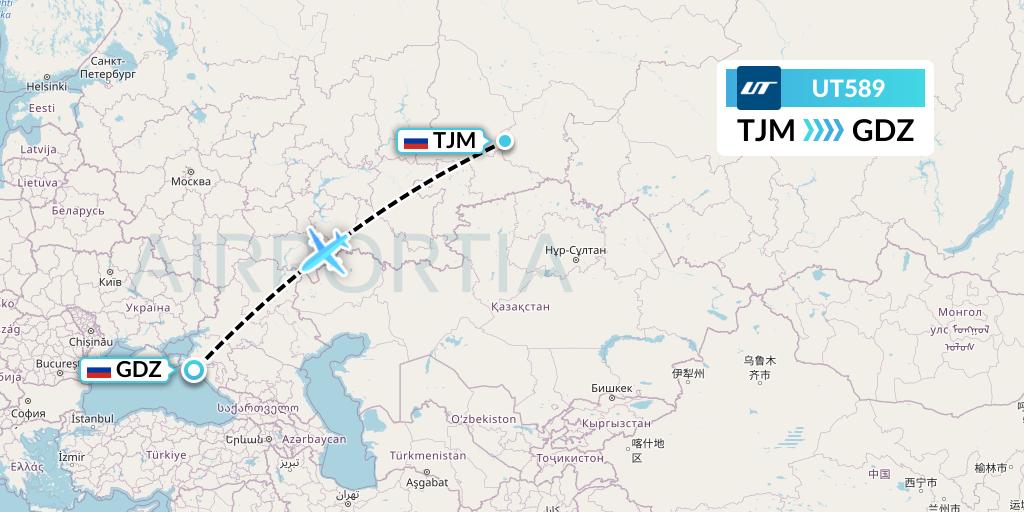 UT589 UTair Flight Map: Tyumen to Gelendzhik