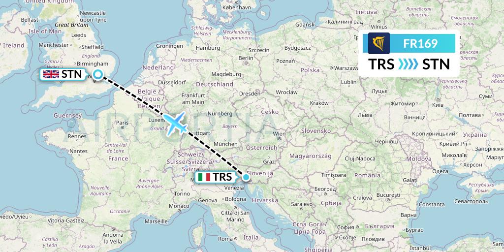 FR169 Ryanair Flight Map: Trieste to London