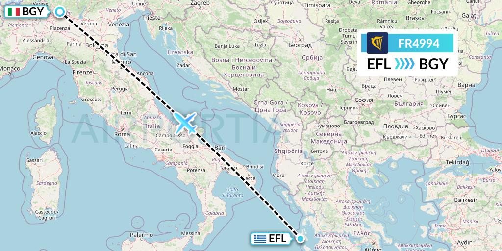 FR4994 Ryanair Flight Map: Kefalonia to Milan
