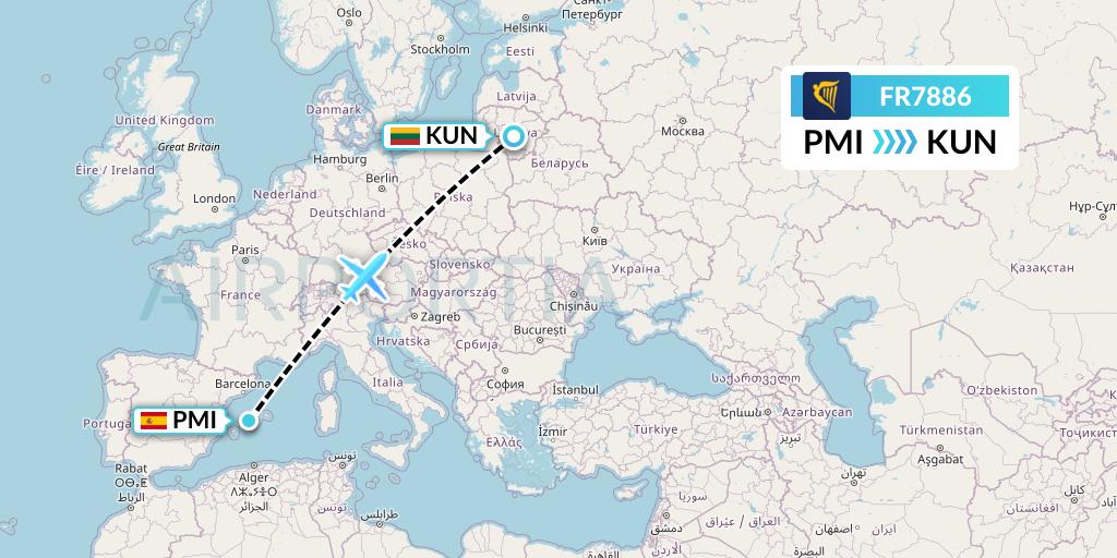 FR7886 Ryanair Flight Map: Palma de Mallorca to Kaunas