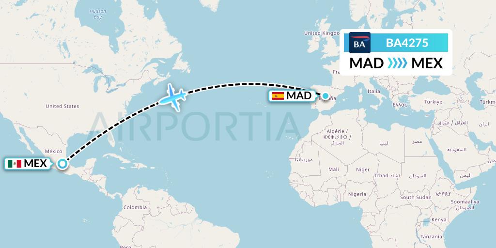 BA4275 British Airways Flight Map: Madrid to Mexico City