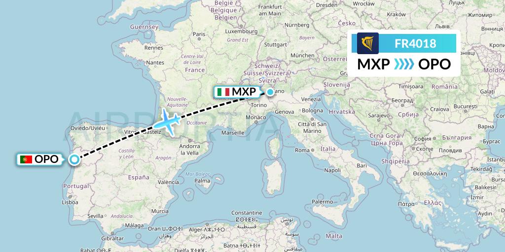 FR4018 Ryanair Flight Map: Milan to Porto