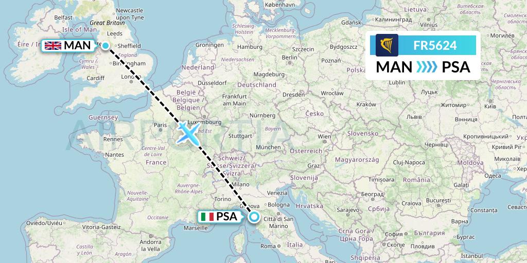 FR5624 Ryanair Flight Map: Manchester to Pisa