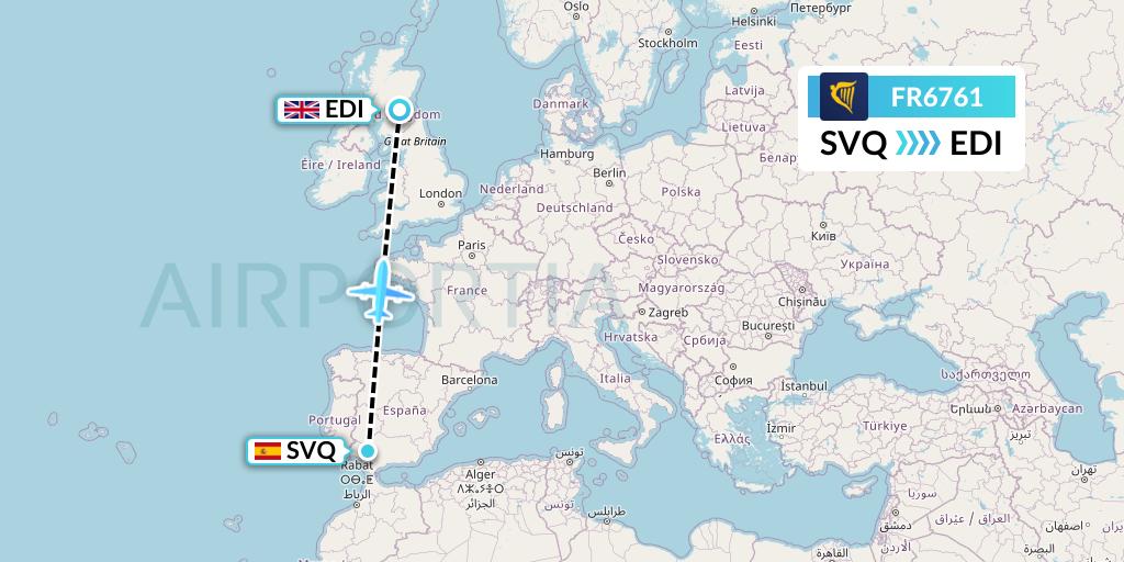 FR6761 Ryanair Flight Map: Seville to Edinburgh