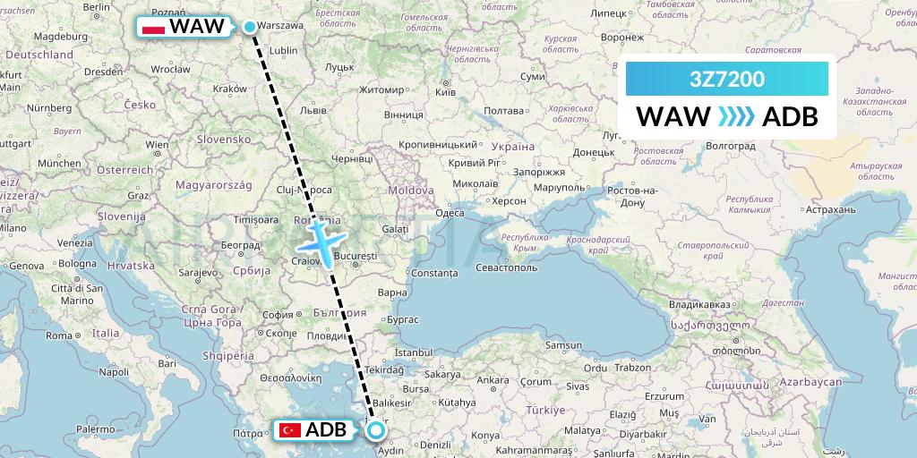 3Z7200 Travel Service Polska Flight Map: Warsaw to Izmir