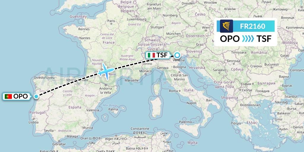 FR2160 Ryanair Flight Map: Porto to Treviso