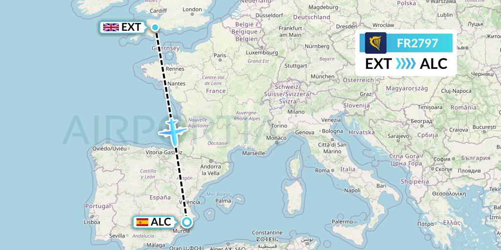FR2797 Ryanair Flight Map: Exeter to Alicante