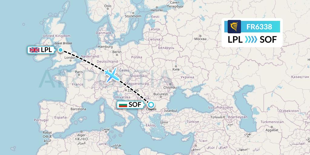 FR6338 Ryanair Flight Map: Liverpool to Sofia