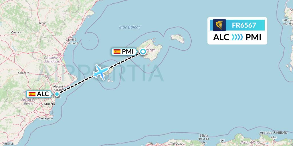 FR6567 Ryanair Flight Map: Alicante to Palma de Mallorca