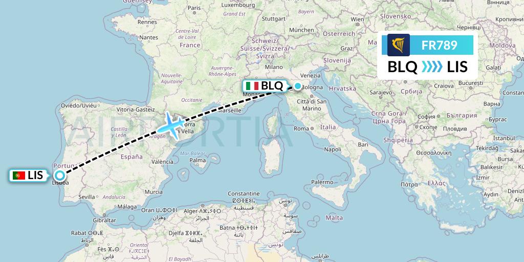 FR789 Ryanair Flight Map: Bologna to Lisbon