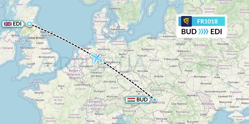 FR1018 Ryanair Flight Map: Budapest to Edinburgh