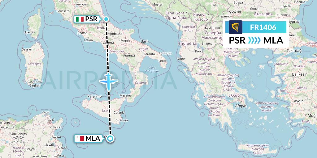 FR1406 Ryanair Flight Map: Pescara to Malta