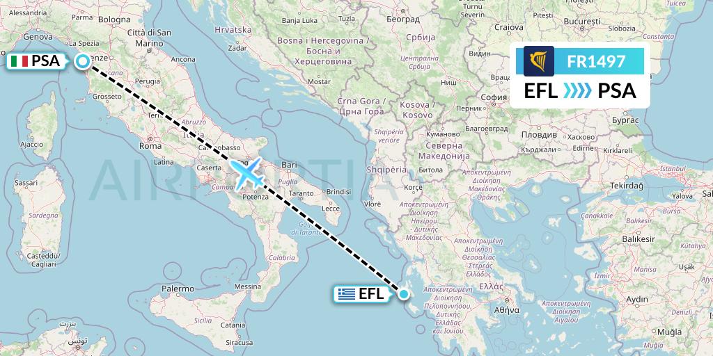 FR1497 Ryanair Flight Map: Kefalonia to Pisa