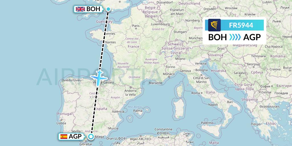 FR5944 Ryanair Flight Map: Bournemouth to Malaga