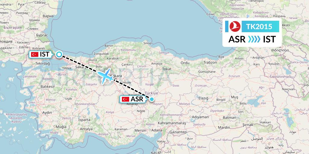 TK2015 Turkish Airlines Flight Map: Kayseri to Istanbul